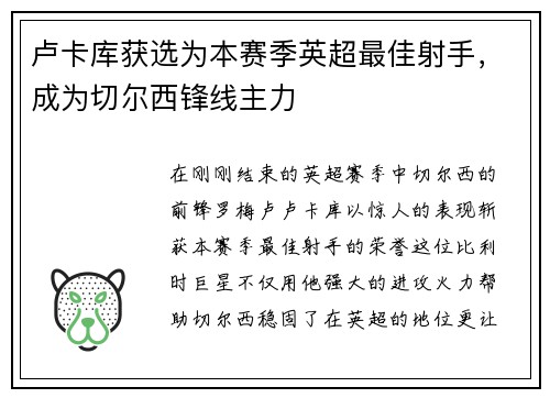 卢卡库获选为本赛季英超最佳射手，成为切尔西锋线主力